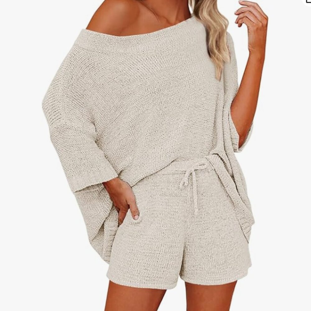 Mafulus 2 Piece Sweater Set Off Shoulder Knit PJ Lounge